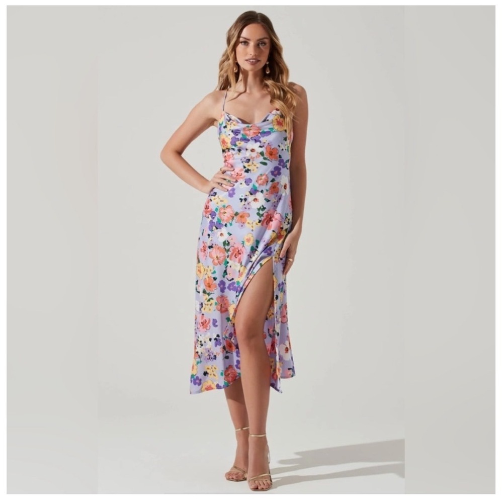 Astr Lavender Floral Slip Midi Dress with Pastel Bouquet